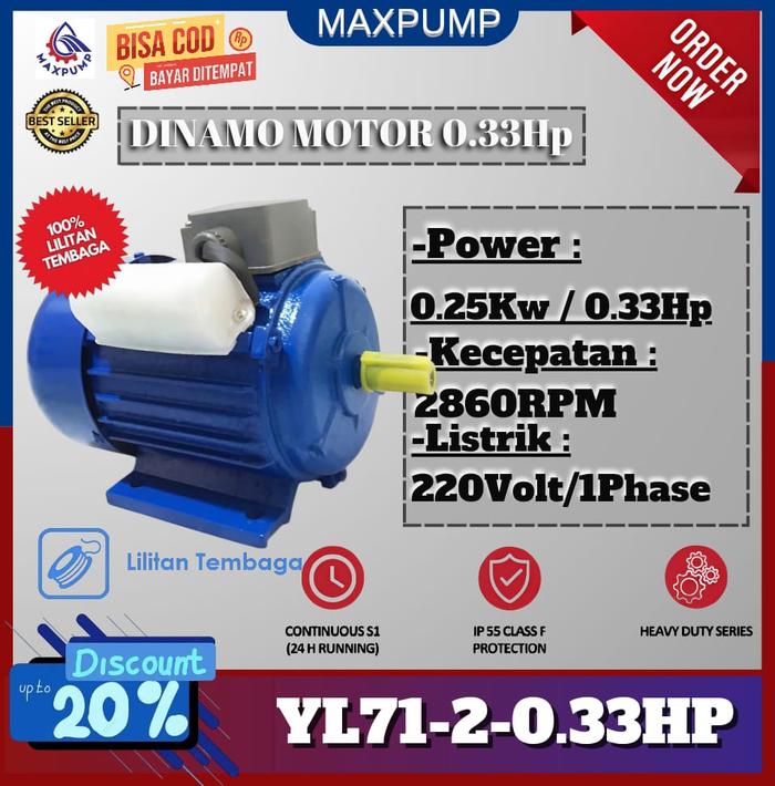 Gambar MAXPUMP Dinamo Electro Motor 250watt 0.33HP 2860 RPM 1 Phase 2800 RPM 0,33 HP Dynamo Motor listrik Penggerak / Dinamo Motor Elektro Motor Termurah Tembaga dari Poseidonpump Kota Administrasi Jakarta Utara Tokopedia