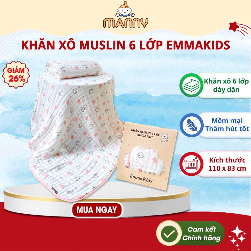  Khăn Tắm Xô Muslin Organic 6 Lớp Emmakids Cho Bé Kháng Khuẩn Mềm Mại Thấm Hút Kích Thước 110*83cm 