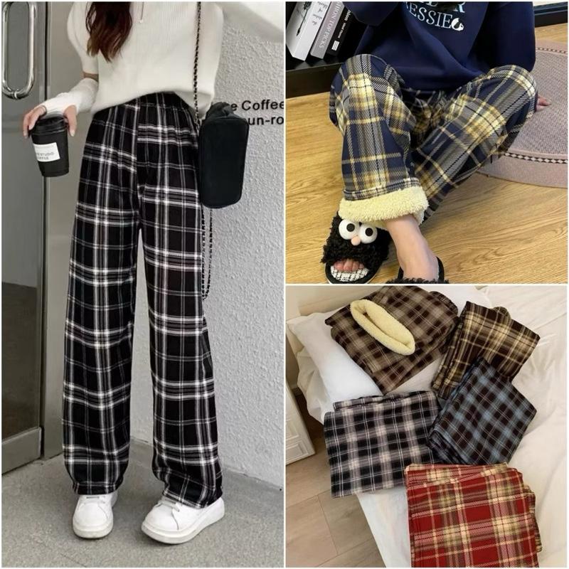Loai 1-Màu mới Quần Nỉ Ống Rộng Lót Lông Quần Dáng Suông Phối Kẻ