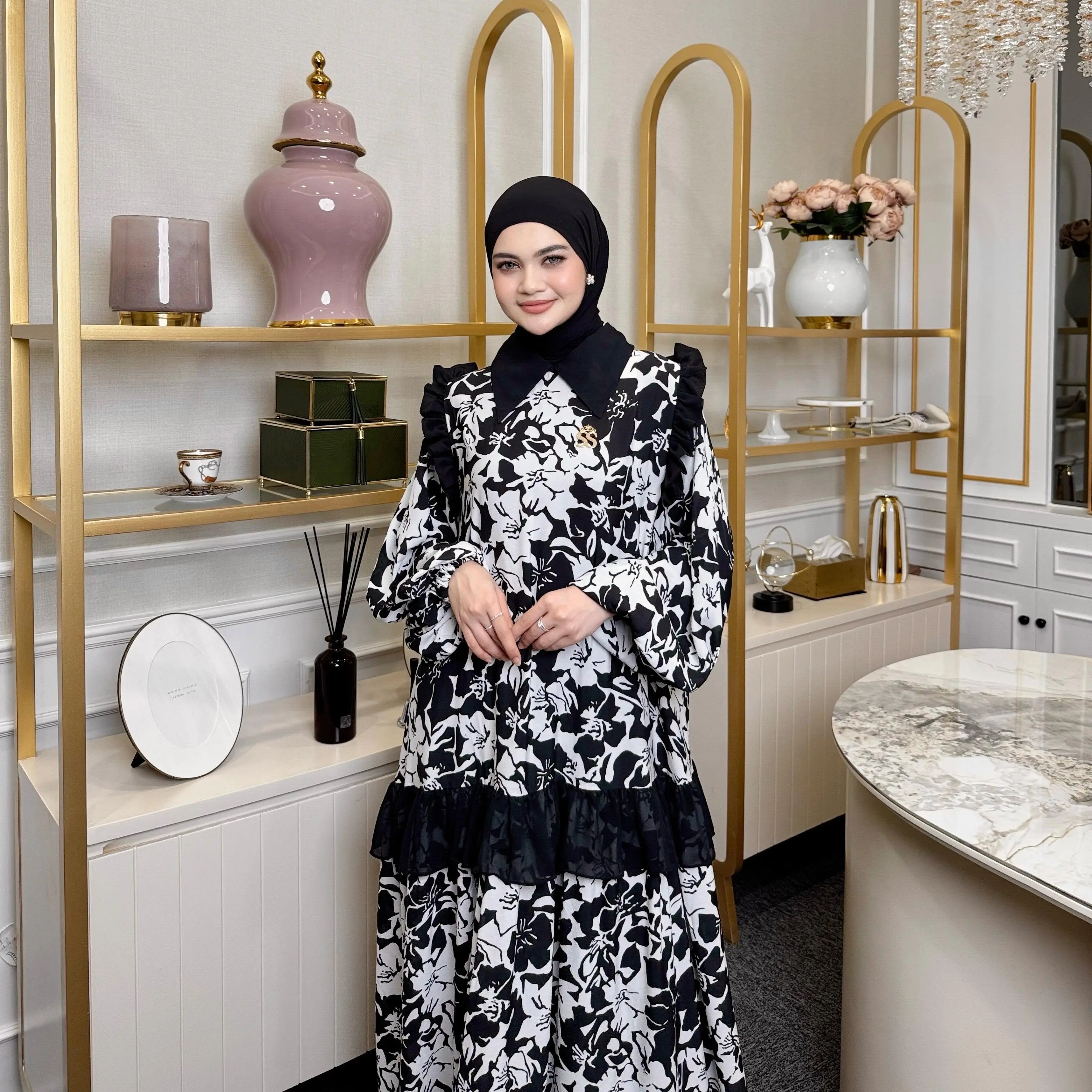 Gamis Flower Kerah Hitam + Pashmina AFF09-1001