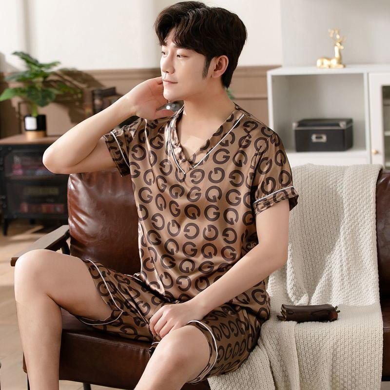 Bộ Đồ Ngủ Lụa Lạnh Dành Cho Nam Giới, ngắn Tay Áo, Mỏng Và Rộng Rãi, Cỡ Lớn, Làm Bằng Lụa Nhân Tạo, Bộ Đồ Hai Mảnh, Thích Hợp Cho Mùa Xuân Và Mùa Hè, Mặc Nhà Menswear Nhung 3