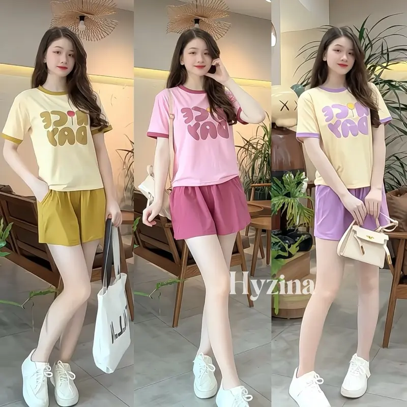 Set Bộ Quần Áo Nữ, Họa Tiết Chữ NiceD, Chất Liệu Cotton Mịn, Chất Mát, Co Dãn Phù Hợp Mặc Nhà Đi Chơi Màu Đen Women 0