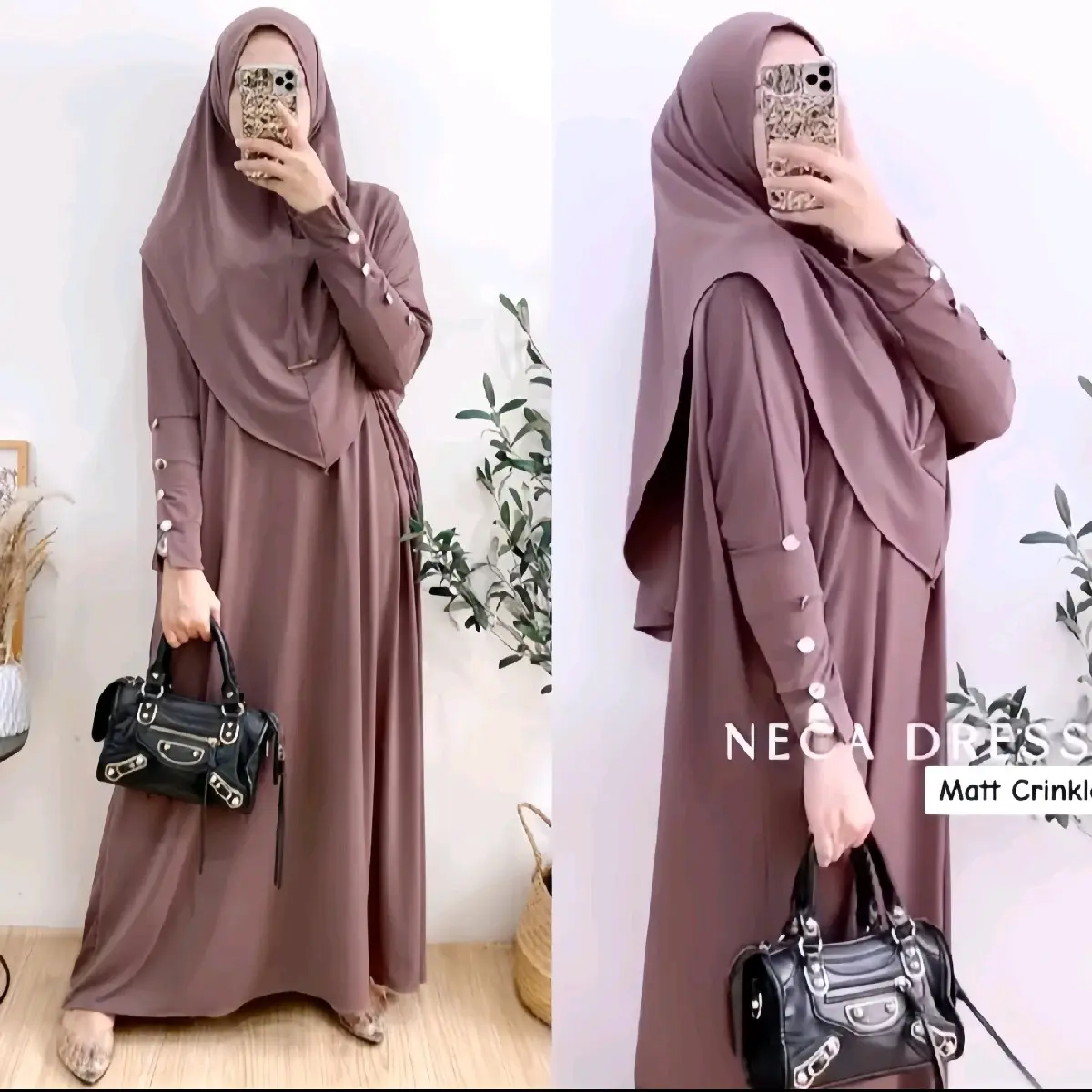 Abaya Set Bergo Jumbo Syar'i Muslim Wanita Dewasa Jumbo Ld 110cm-120cm-135cm Gamis Syari Crinkle Simple Airflow Pink Hitam Dress