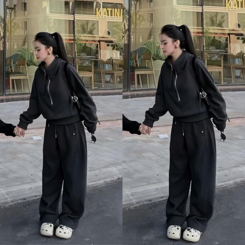 BỘ CỔ ĐỨNG- chất len lông thỏ dày dặn 3 màu áo cổ đứng tay bồng bo tay + quần xuông dài quần 1m 55-100kg BIgsize