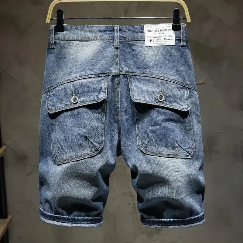 Japanese Style Multi-Pocket Workwear Denim Shorts Men's Fashion Brand Loose Straight Shorts Men's Summer Thin Ripped Pants