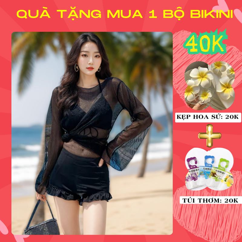 Bikini đi biển set 3 chi tiết đồ bơi nữ áo bra rút dây có mút ngực kèm quần nhún và áo lưới kín đáo 9961 A2 0