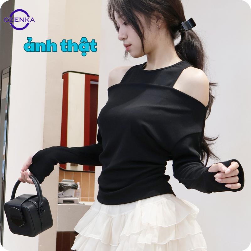 Ấo kiểu nữ trễ vai tay dài len tăm ozenka- áo thu đông cánh dơi nhún eo 2 lớp phong cách ulzzang hàn quốc sang chảnh