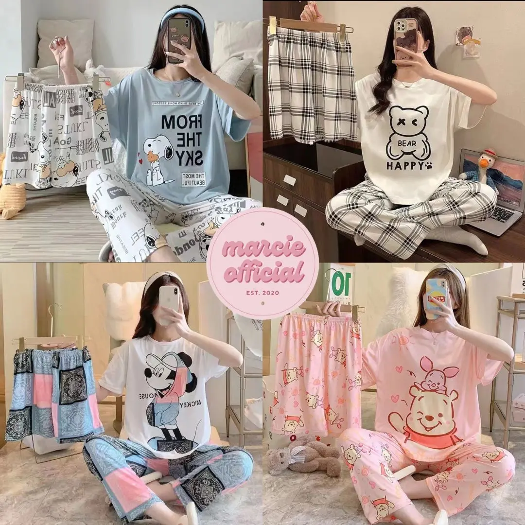 Baju Tidur Wanita 3 in 1 Piyama Setelan Perempuan Dewasa Lengan Pendek Celana Panjang dan Celana Pendek Remaja Spandex Motif Santai