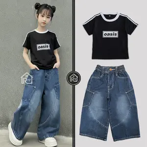R72 Setelan Cargo Y2K Jeans & Kaos Ringer - Celana Anak Perempuan Wide Leg Kantong Tempel Kaos Garis T-Shirt Cotton Combed Vintage Hip Hop Kids Fashion