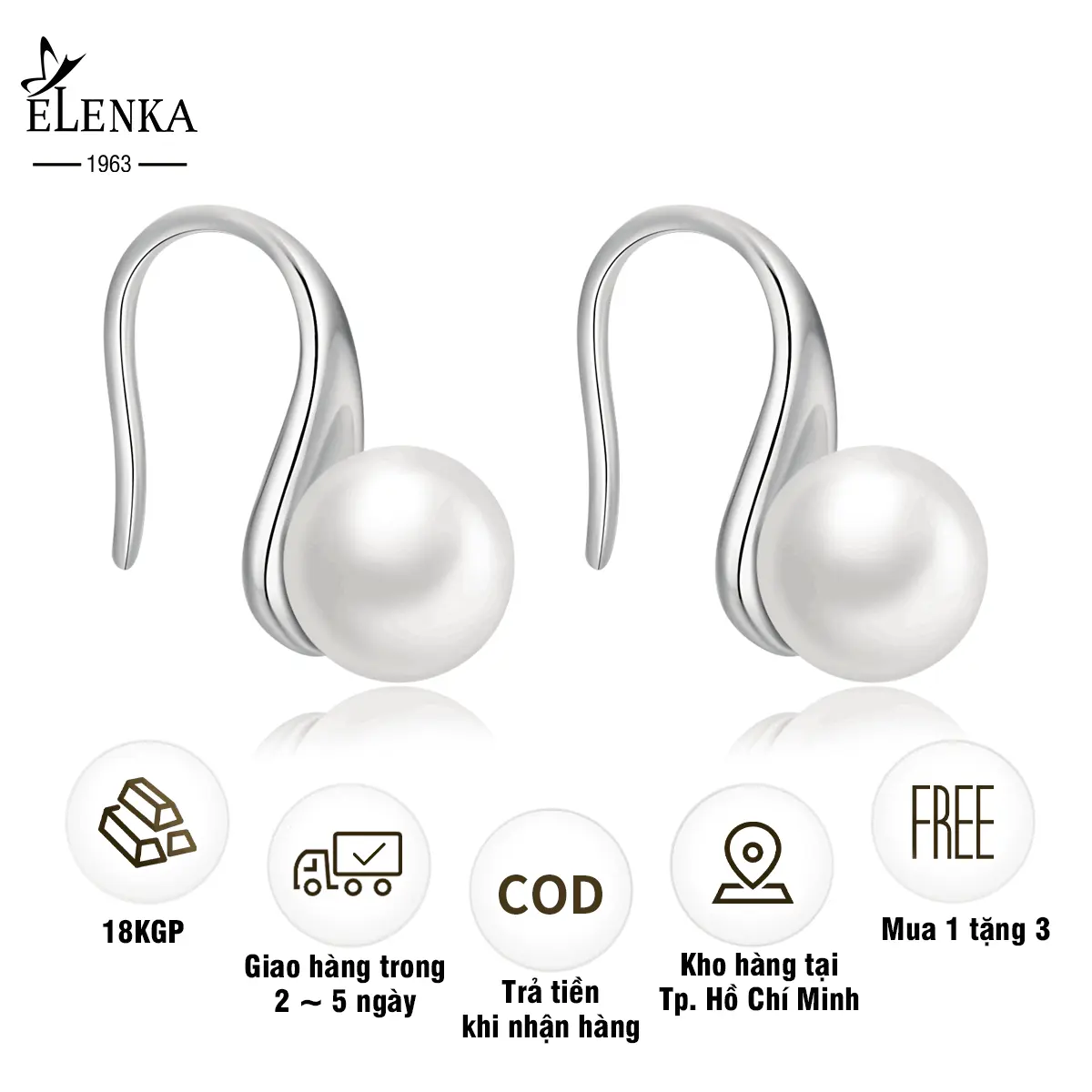 EKENKA - Bông Tai Móc Ngọc Trai, Mạ Vàng 18K, Hợp Xu hướng