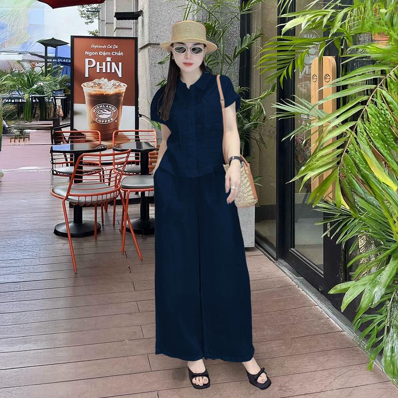 Set đồ nữ Sơ Mi Thư, Bộ nữ áo sơ mi tay ngắn, quần ống suông lưng thun phía sau, chất liệu đũi tơ xước đã qua xử lý, mặc thoáng mát không co rút