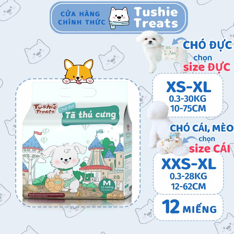 Tã cho chó mèo Tushie Treats cao cấp, Mèo chọn size CÁI, tã bỉm thú cưng bịch 12 miếng đủ size từ XXS-XL(0.5-30kg)