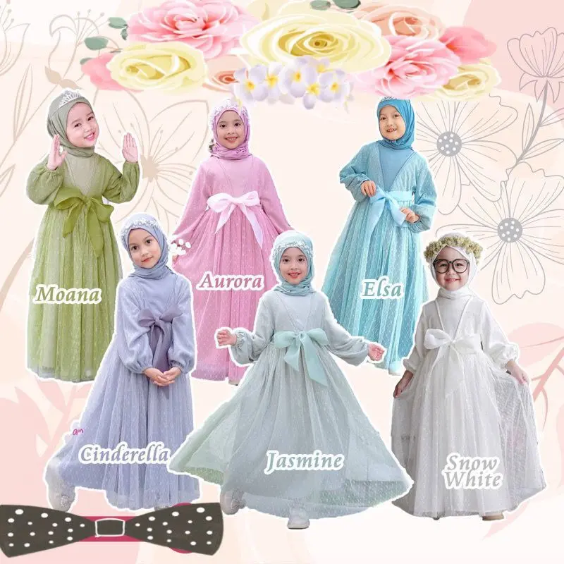 Gamis anak perempuan muslim mewah terbaru gaun putih mutiara panjang tile lebaran Ladys Kid Pita Baju Dress 6