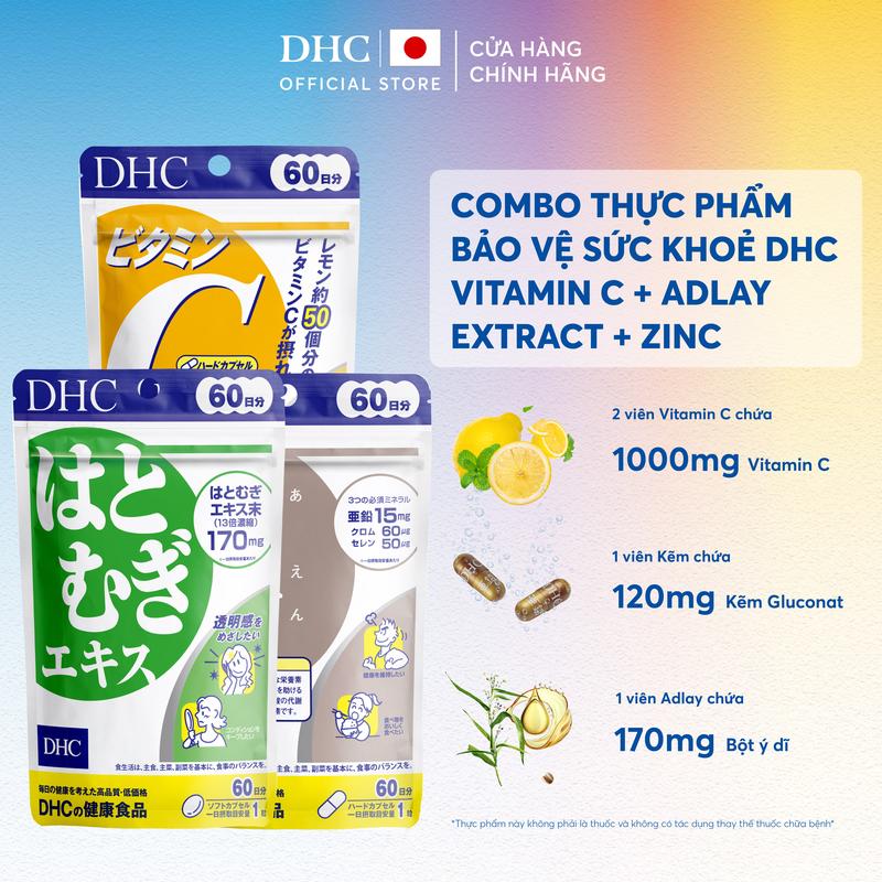  Combo TPBVSK DHC VITAMIN C HARD CAPSULE + Zinc + ADLAY EXTRACT dạng viên uống hỗ trợ bổ sung Vitamin C + Kẽm + Adlay ý dĩ - DHC Nhật Bản chính hãng - Combo 20 Ngày và 60 Ngày 
