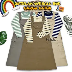 Destyle SETELAN OVERALL KATUN ANAK KEKINIAN / JUMPSUIT OVERALL ROK PANJANG CARGO TERBARU / ATASAN KAOS STRIPE BELANG TANGAN PANJANG USIA 1-12 TAHUN / BAJU STRIPE BELANG TANGAN PANJANG ANAK LEBARAN 2025