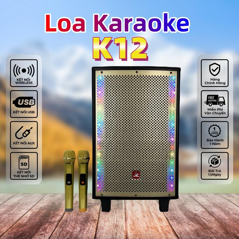  JK-K12 200W Loa kéo Karaoke Di Động Nghe Nhạc Xách Tay Bluetooth Bass 30cm LED tạo hiệu ứng 8 chế độ tặng kèm 2 Micro không dây Loa gia đình Loa ngoài trời - Bảo Hành 12 Tháng 