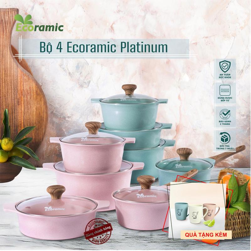   TẶNG CHẢO 20 CÙNG MÀU + LY NHỰA XINH  Bộ 4 Nồi Ecoramic Platinum Đáy Từ – Xanh Pastel Hồng Mint – Chống Dính Cao Cấp – Dùng Mọi Bếp – Tặng Chảo + Đế Gỗ + Cặp Nhấc Nồi+ Ly Nước 