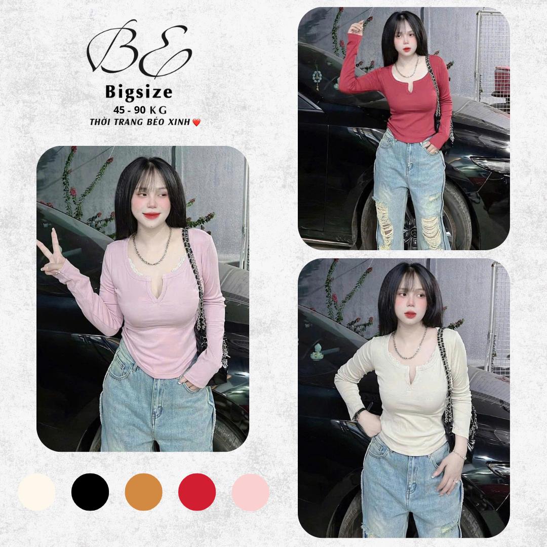 Áo Thun Nữ Tay Dài Phối Cổ Ren Tiểu Thư Vải Thun Tăm QC Cao Cấp 45- 90Kg Bigsize Dễ Thương Top Nữ Women - A.1580