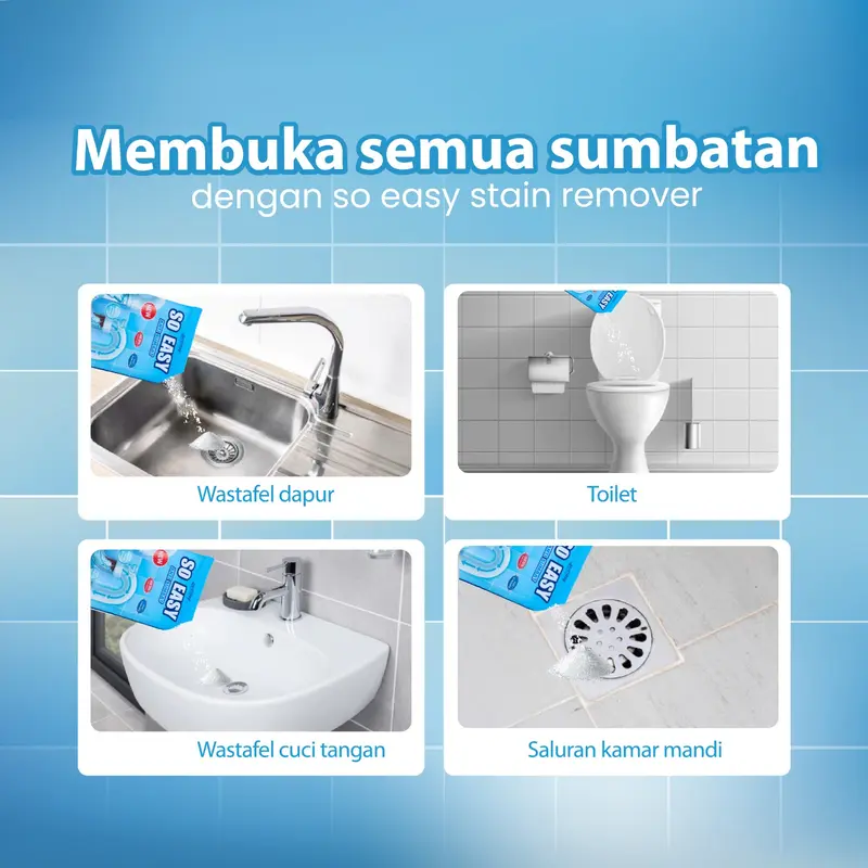So Easy Anti Sumbat Saluran Air Pipa Mampet WC Wastafel tempat cuci Piring / Bubuk Pembersih Saluran WC Anti Mampet Anti Sumbat / SO Easy  MENGATASI MAMPET WC PIPA WASTAFEL DAN SALURAN AIR LAINNYA 2