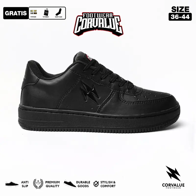 SEPATU CORVALUE FOOTWEAR - Sepatu Sneakers Kasual Pria Wanita006 Hiratsuka Full Black Original Casual Shoes Hitam Snekers
