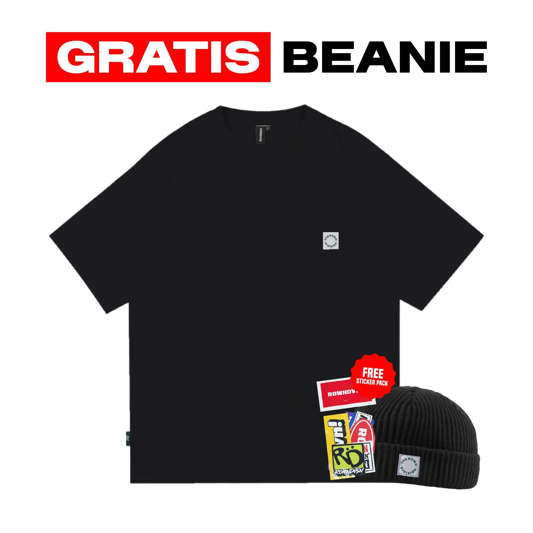Rown Division Storage Oversized Pocket Tees Hoshi Black,[ BEANIE + STICKER PACK]