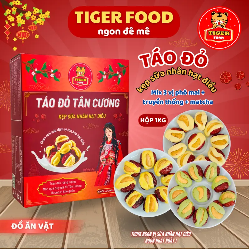 [MUA 1 ĐƯỢC 3] Táo Đỏ Tân Cương Kẹp Sữa Nhân Hạt Điều 1KG TIGER FOOD Táo đỏ kẹp sữa nhân hạt điều Táo đỏ Buger- Đồ ăn vặt - bánh kẹo tết 2025 - snack thức ăn Nuts 1