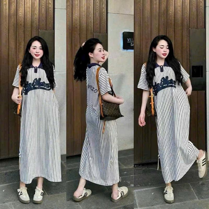 Đầm bầu polo cổ xanh kẻ trắng thời trang dáng dài TM20259