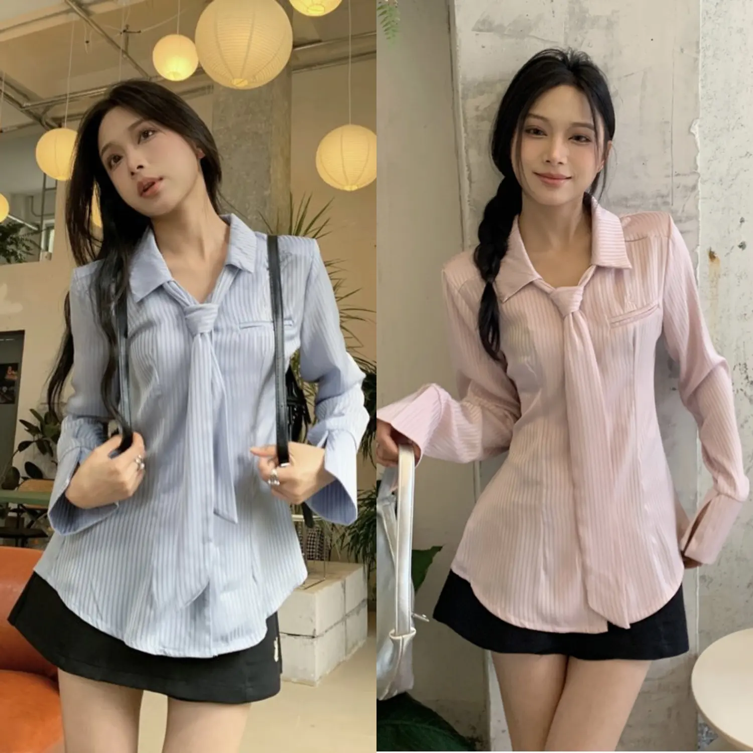 Kemeja pita gaya Korea untuk wanita, atasan lengan panjang biru yang menempel di pinggang, gaya preppy dengan bantalan bahu Baju Casual Pendek Hitam Putih Top Crop Linen Formal Kerja Oversize Kancing Kantor Katun Garis Tangan