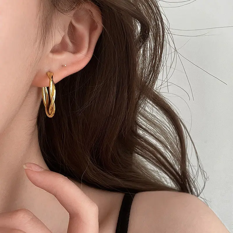 Anting-anting Lingkaran Emas yang Dipilin untuk Wanita, Anting-anting Lingkaran Hipoalergenik Vintage yang Dipilin 1