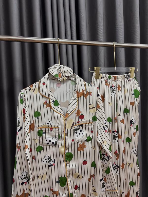 BỘ PIJAMA HONEYBEE ÁO TAY DÀI QUẦN DÀI CÚN NÂU ĐỐM LỤA LATIN KÈM CỘT TÓC 2