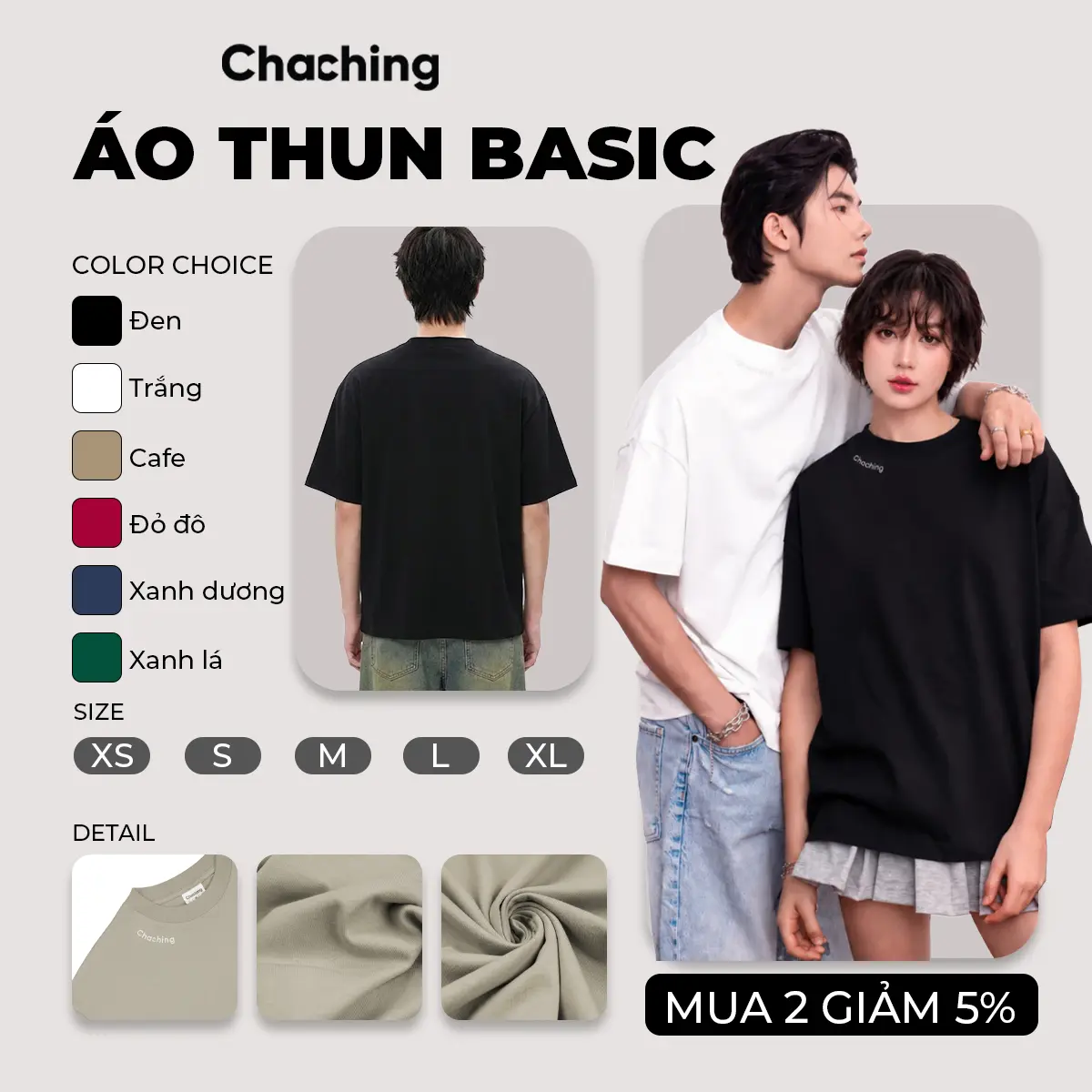 Áo Thun Unisex ChaChing, Áo Phông Nam Nữ Form Boxy Cổ Tròn Thêu Logo Vải Thun Cotton Co Giãn 2 Chiều, Chất Vải Dày Dặn Thấm Hút Mồ Hôi