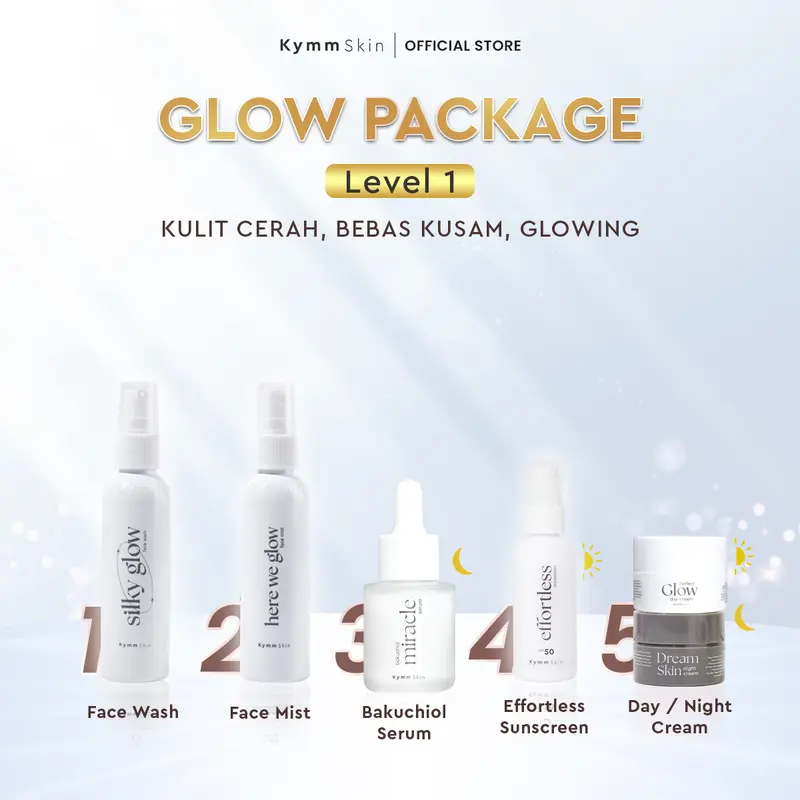 [LIVE] [Free Pouch] KYMM SKIN Glow Package LEVEL 1 [Free Upgrade Day Cream Phytocell, Face Wash 60ml, Face Mist 60ml, Bakuchiol Serum 20ml, Night Cream 10gr] | Facial Perawatan Wajah Pencerah Mencerahkan Pelembab Arbutin Kulit Kusam Noda Hitam Anti Aging 1