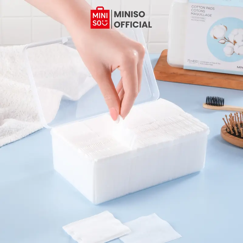 MINISO Facial Cotton Pads 75pcs Tebal + 400pcs Tipis Kapas Pembersih Makeup Make Up Bantalan Kapas Kotak Kapas Pembersih Wajah Kapas Kecantikan 2