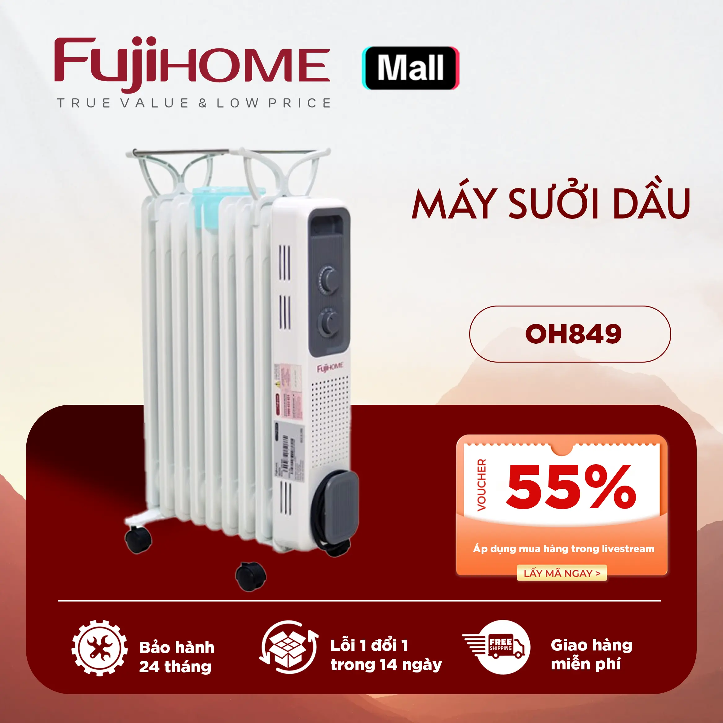 Máy sưởi dầu OH8411,849,8613 không đốt oxi không khô da CN Nhật Bản Nhập Khẩu FUJIHOME 11-13-15 thanh, sưởi điện tự động ngắt, Bảo hành 2 năm