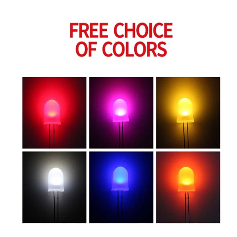 Product Introduction of 10PCS 10MM round head with edge mist long foot red yellow blue green white warm white LED light bead F10 opal white light 7