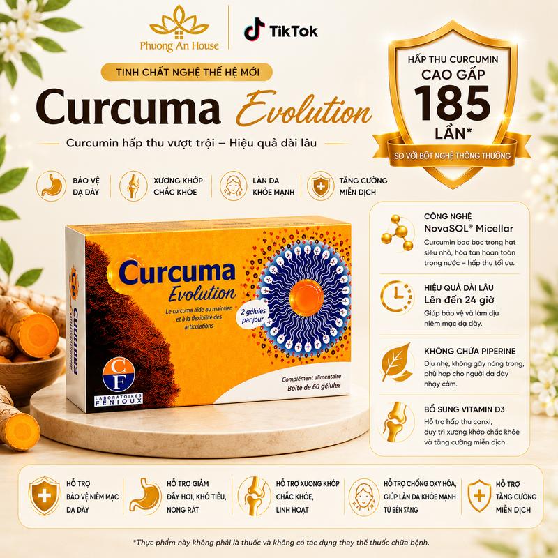 Thực Phẩm Bảo vệ Sức Khỏe Viên Uống Nghệ Curcuma Evolution Laboratoires Fenioux 60v Hỗ Trợ Dạ Dày, Xương Khớp & Chống Oxy Hóa Đẹp Da