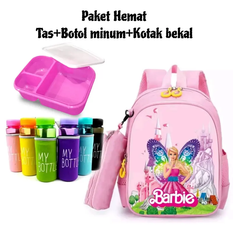 Paket Tas Ransel Anak Motif BArbie bonus botol minum dan kotak bekal Fashion 0