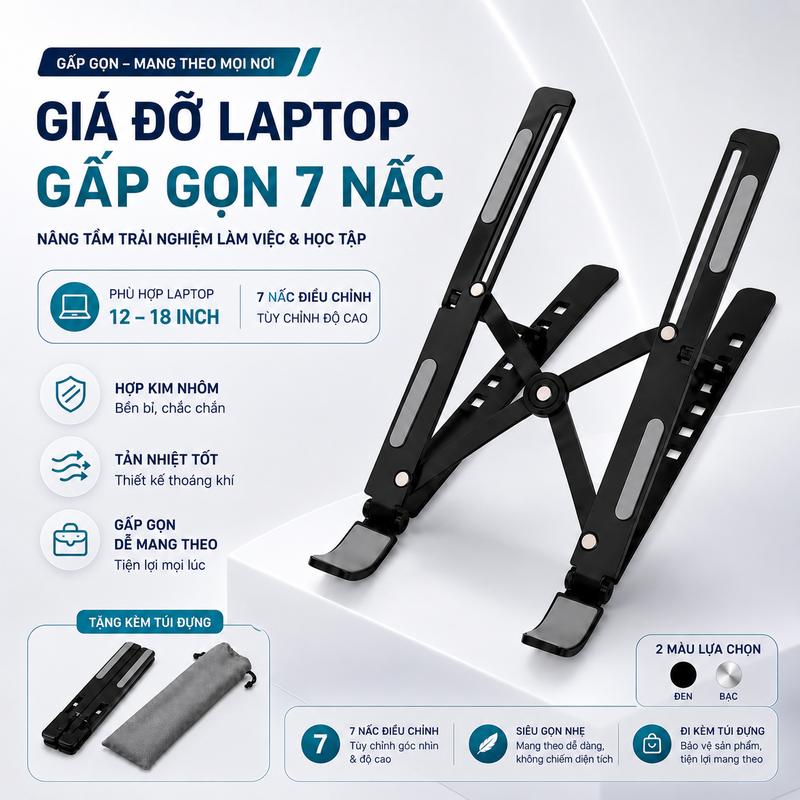 Giá Đỡ Laptop Gấp Gọn Hợp Kim Nhôm X7, 7 Nấc Điều Chỉnh, Chống Trượt, Tản Nhiệt Tốt, Nhẹ 180g, Kèm Túi Đựng