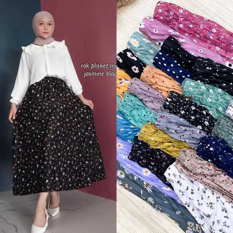 Rok Plisket Motif Daily Wanita - Rok Plisket Payung Panjang Koran Style 0