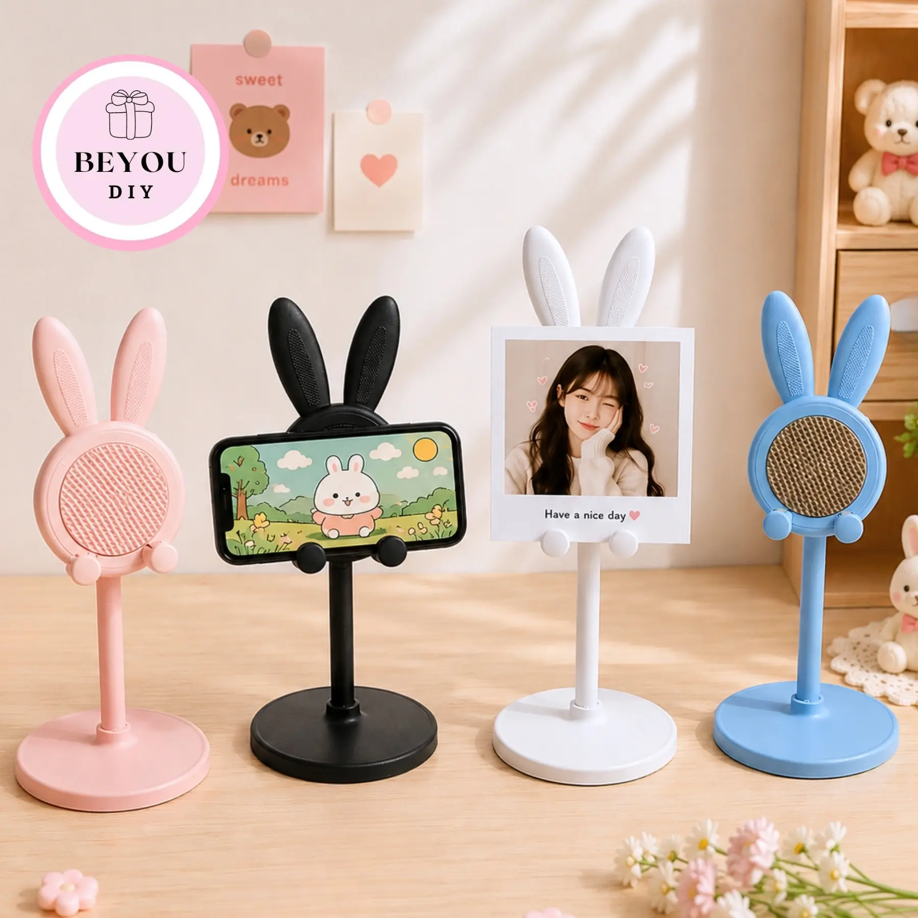 Giá Đỡ Điện Thoại Hình Tai Thỏ Màu Pastel Dễ Thương, Có Thể Tăng Giảm Độ Cao
