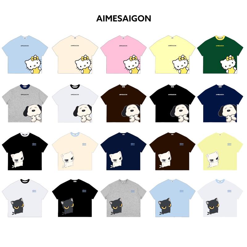 A10 + A14 Aimesaigon Áo Thun Big Boxy Local Brand Form Rộng Tay Ngắn Cotton 250gsm "Mèo Kitty + Snoopy " Nam Nữ Menswear Kem Unisex Hot Trend Mùa Hè
