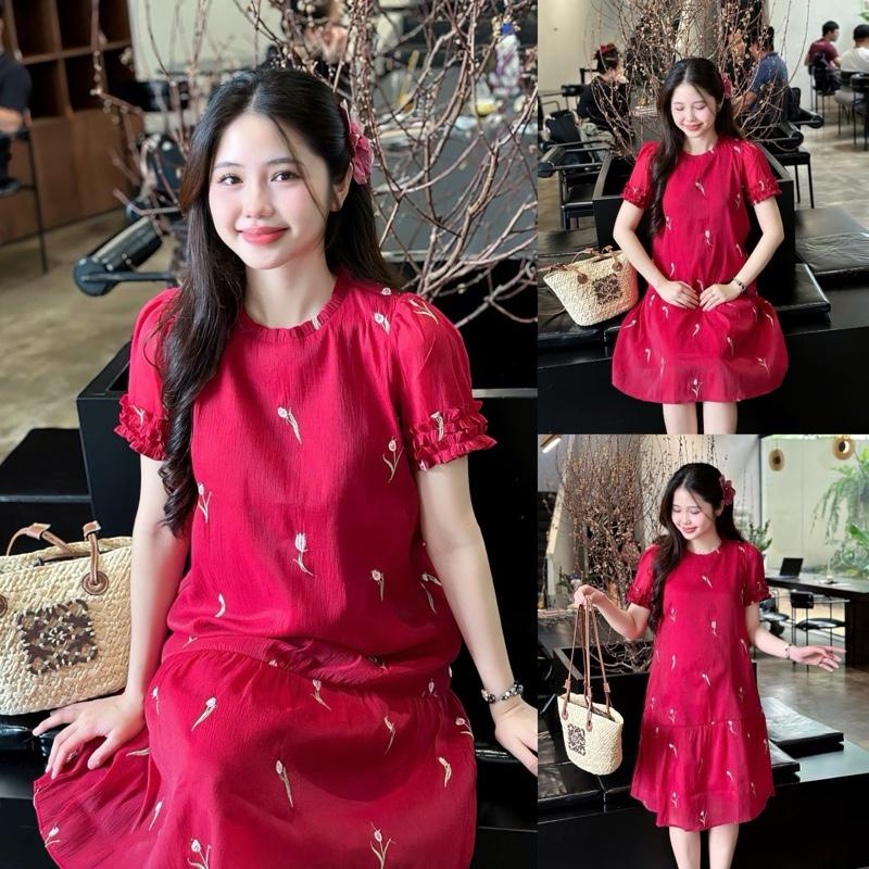  Đầm bầu Rimi voan tơ thêu hoa tulip tay bèo dáng đuôi cá tay bèo 
