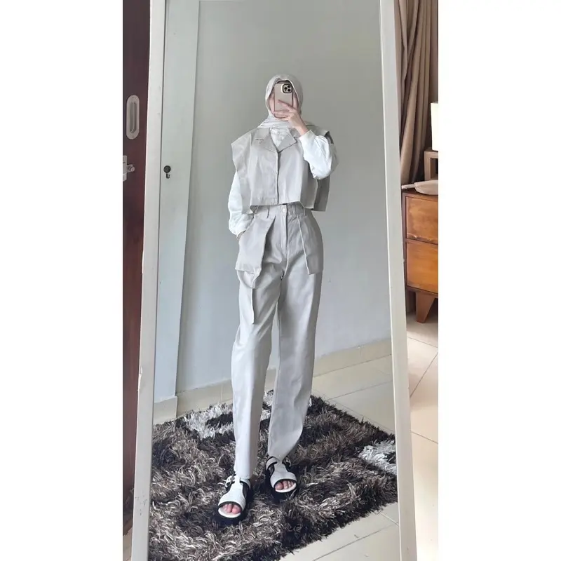 JN- Oneset Korean Fujian Vest Set Celana Katun Linnen Premium Super Tebal Casual  Wanita Setelan Atasan Fit Top Bawahan Panjang Baju Oversize Outer Linen Blazer Kulot Dewasa Formal Hitam 5