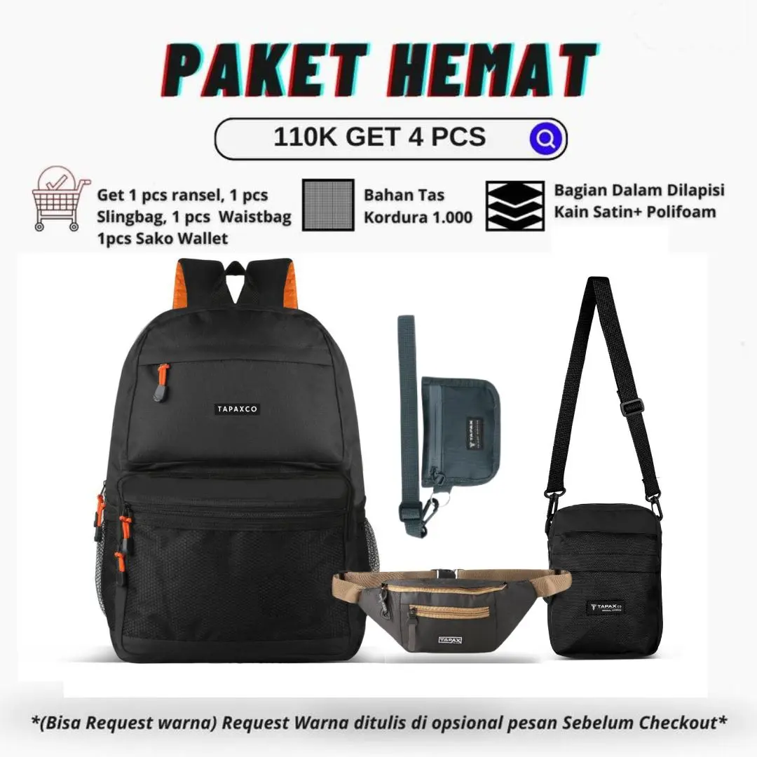 [Beli Lokal] TAPAXCO Paket Hemat IV Tas Selempang Pria 110k Get 4 Pcs Ransel Sekolah, Waistbag, Slingbag and Hanging Wallet Casual Local Original Pink Waistbag