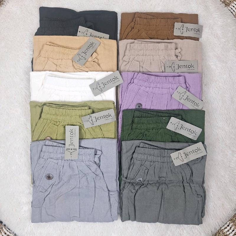 Celana Kulot Cewek Bahan Linen Saku Samping Model Tempel Variasi Kancing Panjang 7