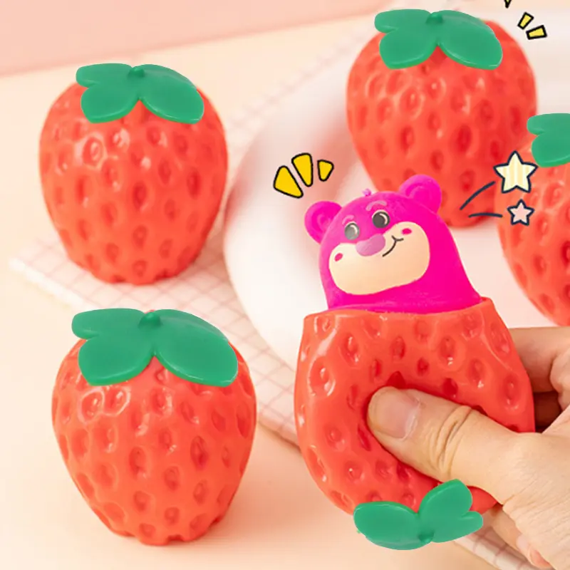 Strawberry Squishy Stress Decompression Ball Creative  Strawberry Bear Squeeze Cup Pocket Small Animal Pinch Decompression Toy