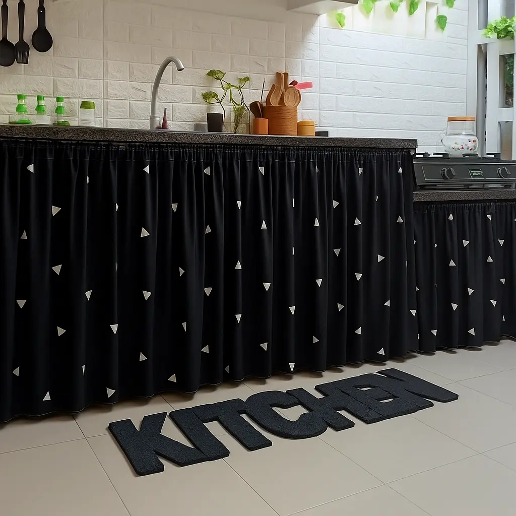 Gorden Kolong Dapur Minimalis 100 cm x 70 cm Bahan Poliester Premium Motif Segitiga Hitam Tirai Dapur Modern & Estetik Dengan Bonus Tali Dekorasi