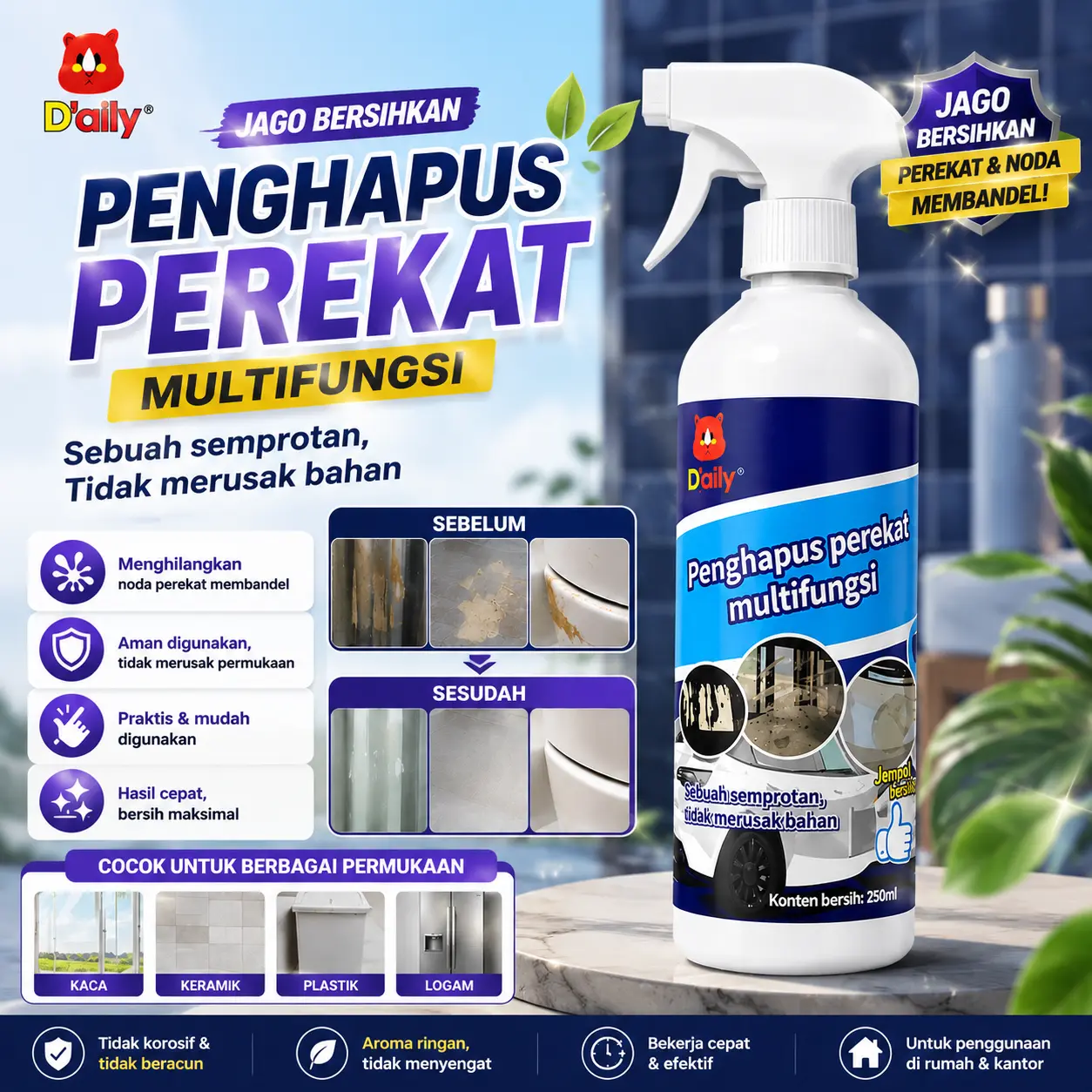 D'aily Penghapus Perekat Multifungsi Spray Penghilang Bekas Lem Stiker Double Tape Noda Perekat Cleaner Kaca Keramik Plastik Logam Aman Tidak Merusak Permukaan