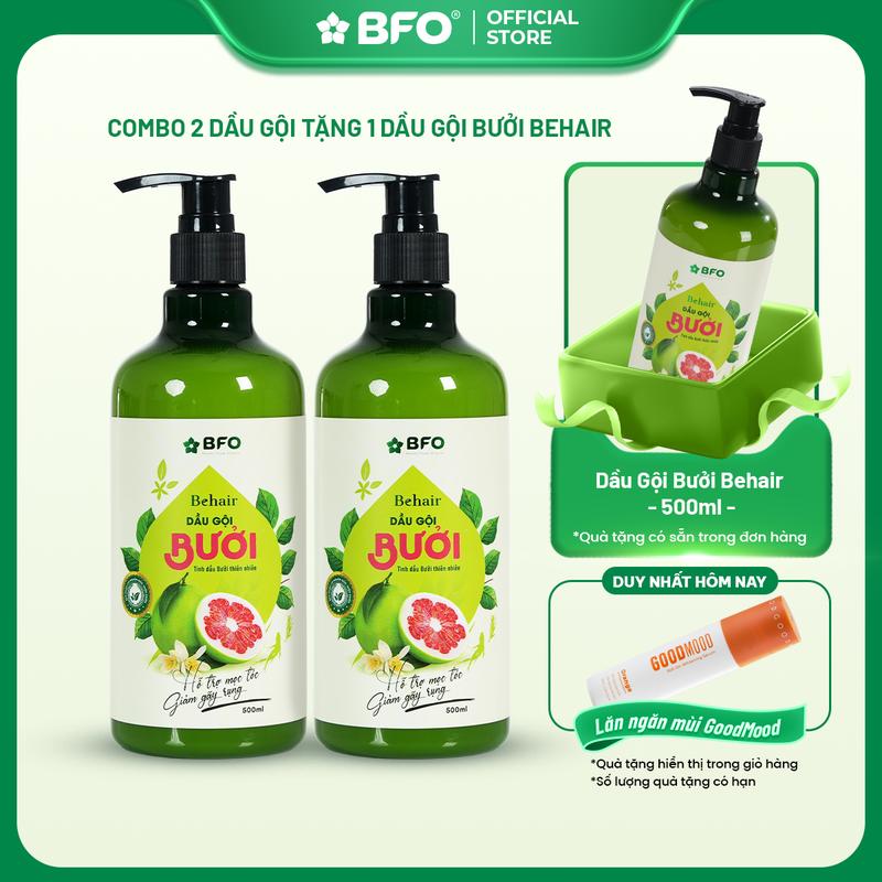 [TẶNG 1 DẦU GỘI 500ml] Combo 2 Dầu Gội BFO Behair 500ml Tinh Dầu Bưởi & Thảo Mộc Dưỡng Tóc Giảm Gãy Rụng Kích Mọc Tóc Giúp Tóc Chắc Khỏe Suôn Mượt