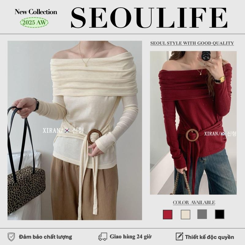 SEOULIFE| Áo Thun Nữ Thanh Lịch Trễ Vai Ôm Sát Thiết Kế Xếp Nếp Cà Vạt Hàng Mới Về Mùa Thu 2025 len